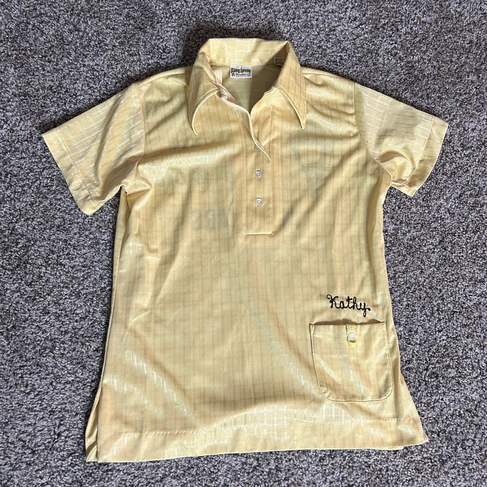 Vintage King Louie Bowling‎ Shirt Womens 34 Yellow 1970s Chainstitch Embroidered